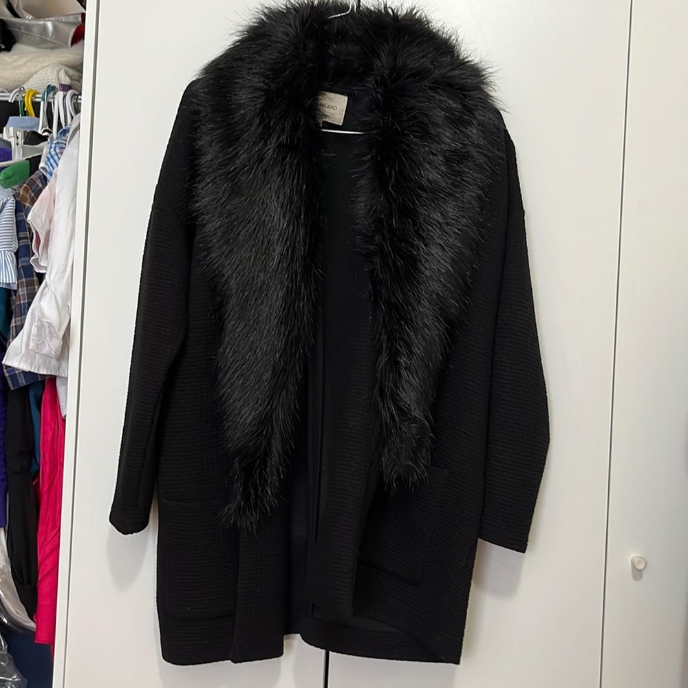 River Island Black Open Front Coat with Faux Fur Collar